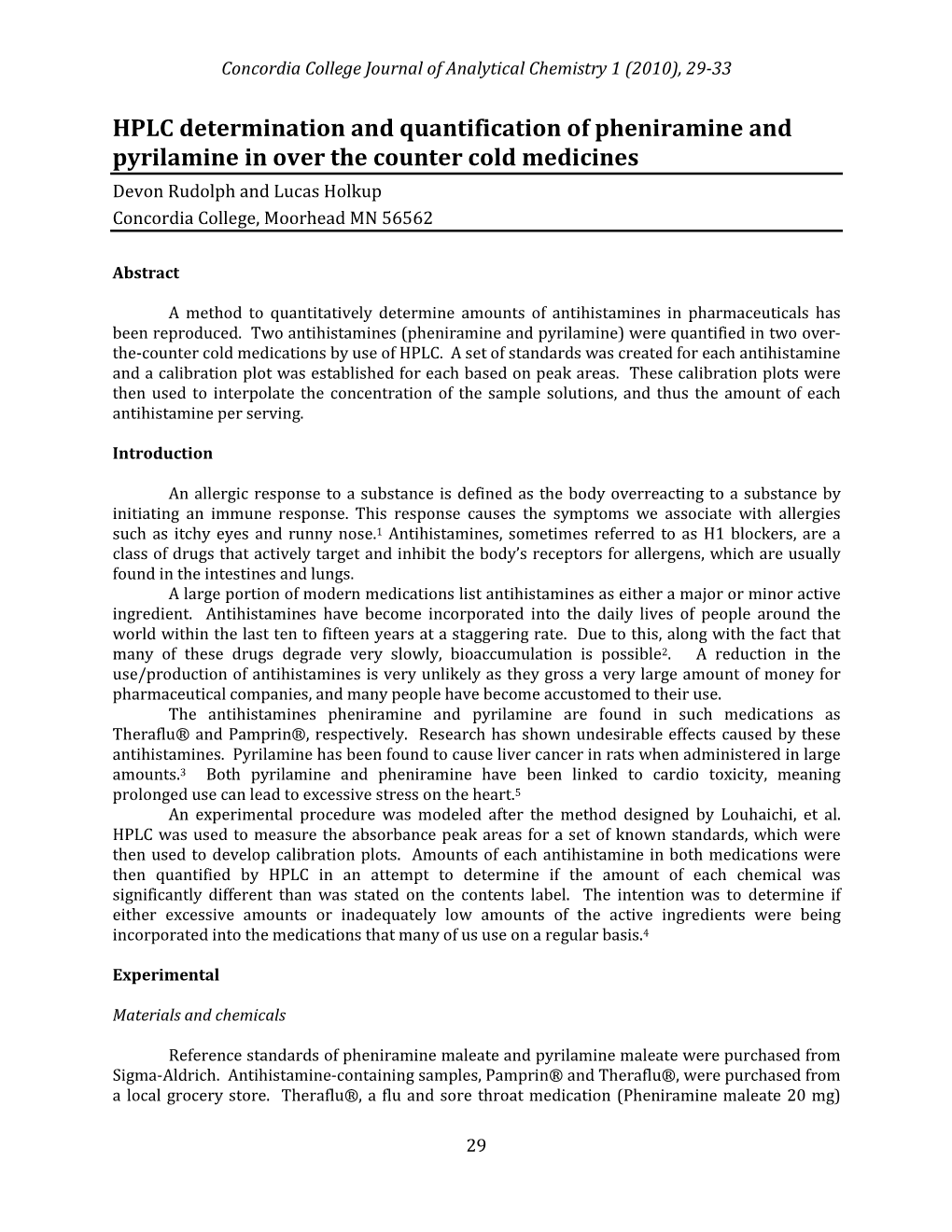 HPLC Determination and Quantification of Pheniramine And