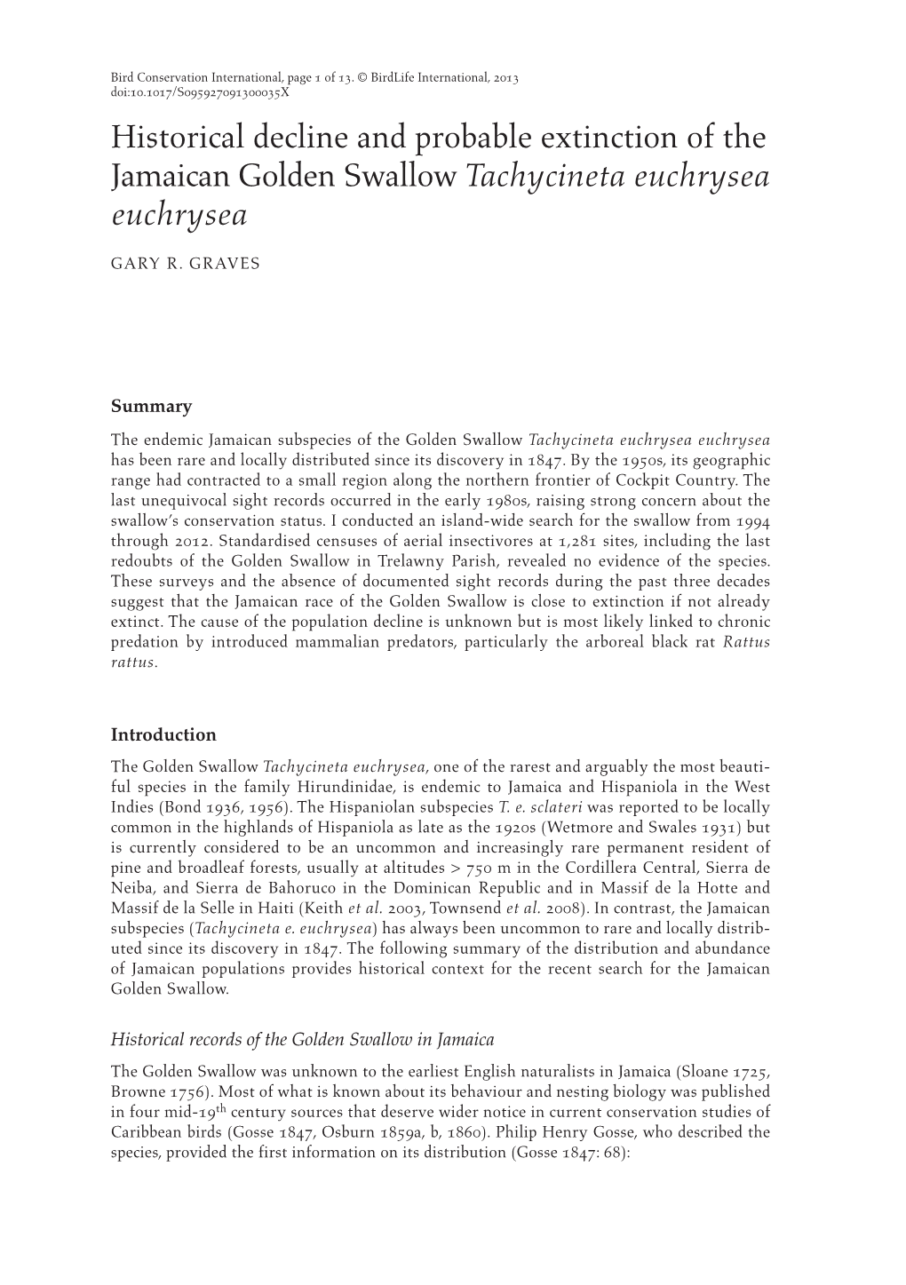 Historical Decline and Probable Extinction of the Jamaican Golden Swallow Tachycineta Euchrysea Euchrysea