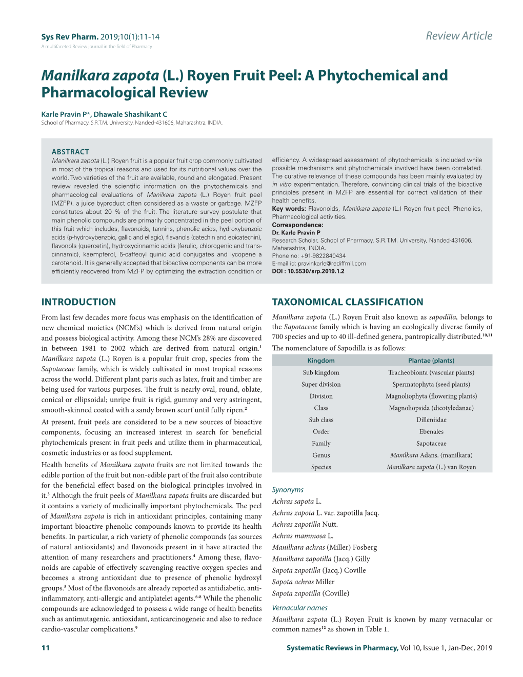 Manilkara Zapota (L.) Royen Fruit Peel: a Phytochemical and Pharmacological Review