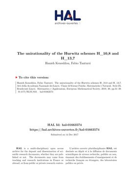 The Unirationality of the Hurwitz Schemes H 10,8 and H 13,7 Hanieh Keneshlou, Fabio Tanturri