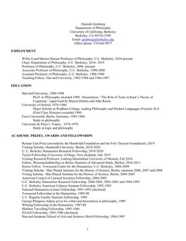 Hannah Ginsborg Department of Philosophy University of California, Berkeley Berkeley, CA 94720-2390 Email: Ginsborg@Berkeley.Edu Office Phone: 510 664 9077