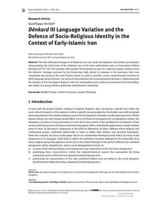 Dēnkard III Language Variation and the Defence of Socio-Religious Identity in the Context of Early-Islamic Iran