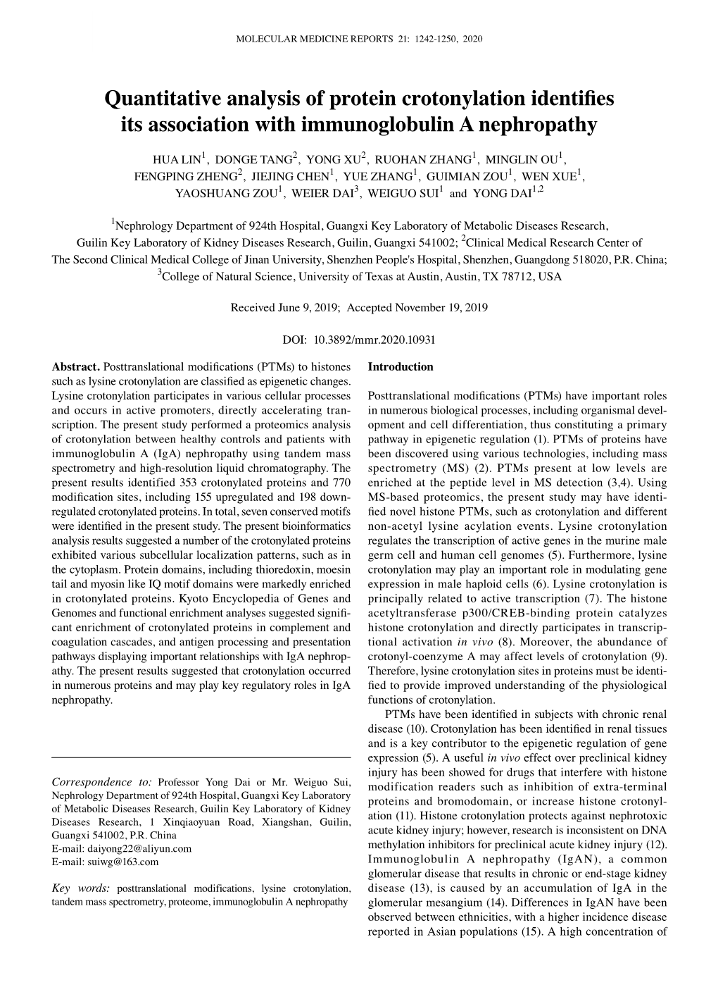 Quantitative Analysis of Protein Crotonylation Identifies Its Association with Immunoglobulin a Nephropathy