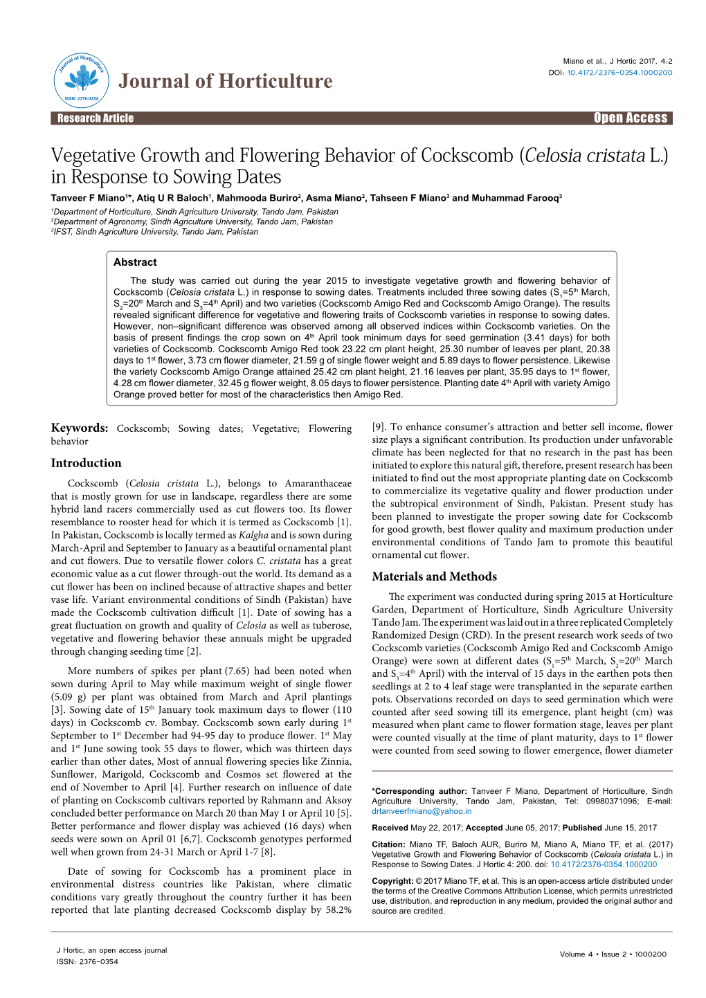 Vegetative Growth and Flowering Behavior of Cockscomb (Celosia Cristata L.) in Response to Sowing Dates