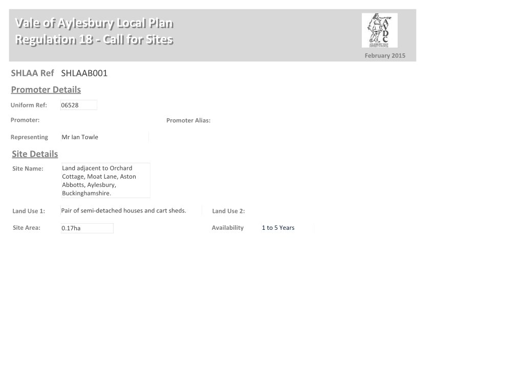 Call for Sites Vale of Aylesbury Local Plan Regulation 18