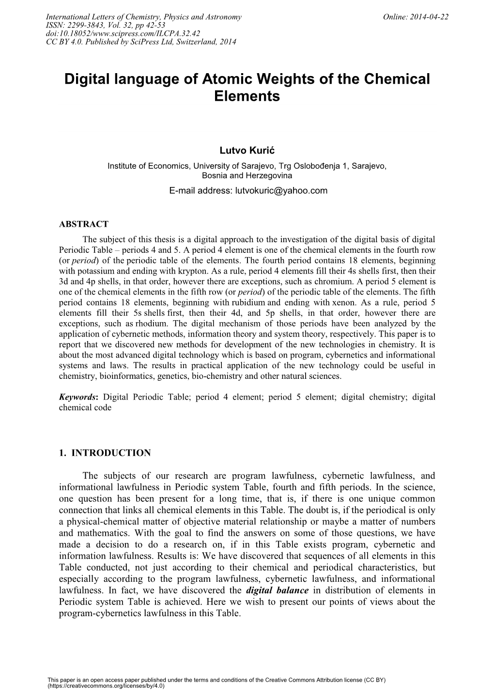 Digital Language of Atomic Weights of the Chemical Elements