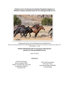 Petition to List a North American Distinct Population Segment of Wild Horse (Equus Caballus) Under the U.S