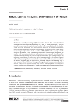 Nature, Sources, Resources, and Production of Thorium