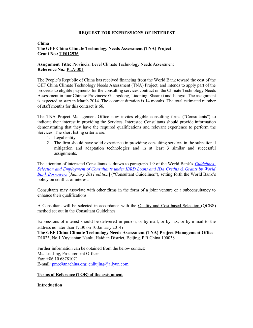 Sample Format for Individual Procurement Notice