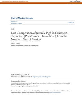 Diet Composition of Juvenile Pigfish, Orthopristis Chrysoptera (Perciformes: Haemulidae), from the Northern Gulf of Mexico Jeffrey C