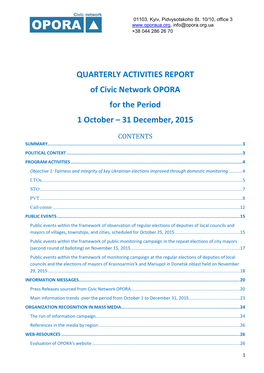 QUARTERLY ACTIVITIES REPORT of Civic Network OPORA for the Period 1 October – 31 December, 2015