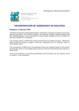Company Announcement INCORPORATION OF