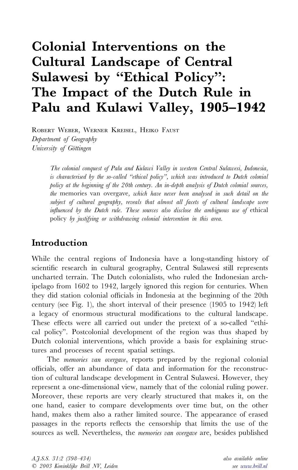 Colonial Interventions on the Cultural Landscape of Central Sulawesi by "Ethical Policy": the Impact of the Dutch Rule