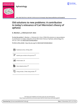 A Contribution to Today's Relevance of Carl Wernicke's Theory of Aphasia