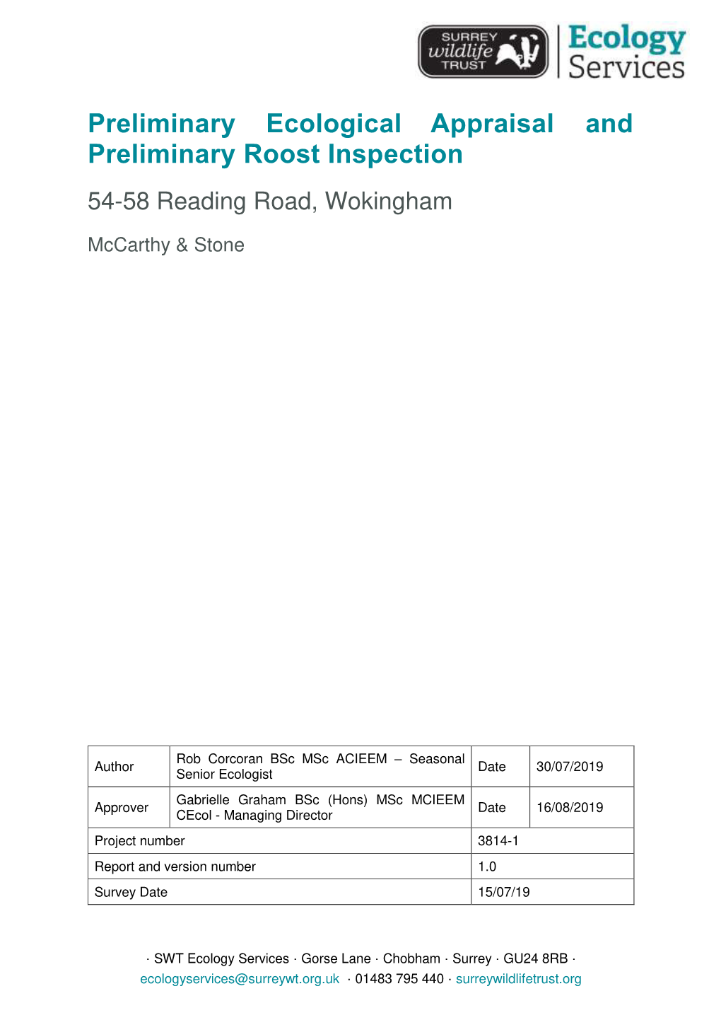 Preliminary Ecological Appraisal and Preliminary Roost Inspection 54-58 Reading Road, Wokingham