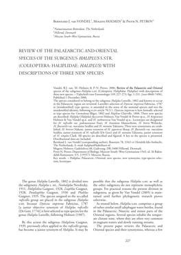 Coleoptera: Haliplidae: Haliplus) with Descriptions of Three New Species