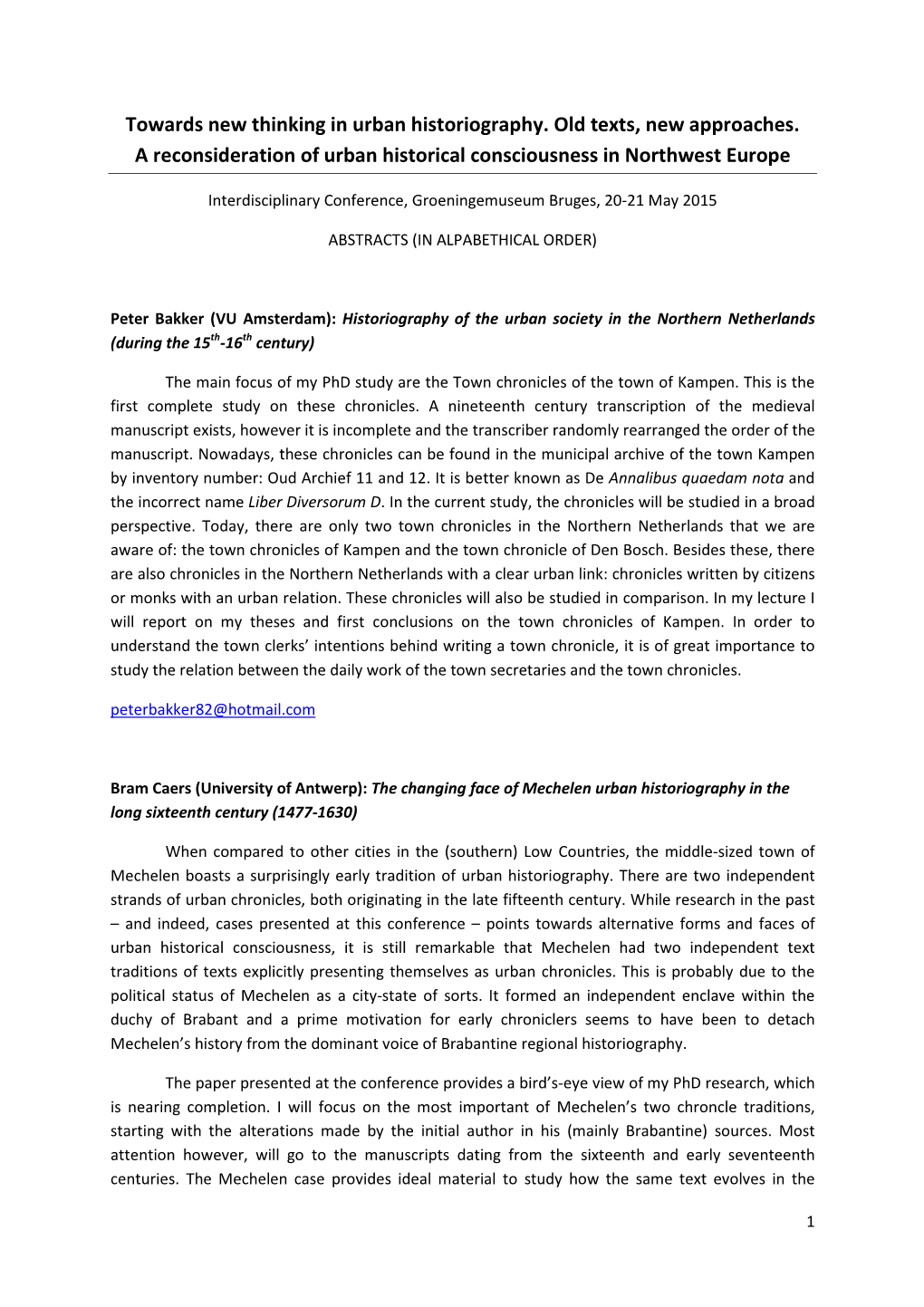 Abstracts Conference Urban Historiography