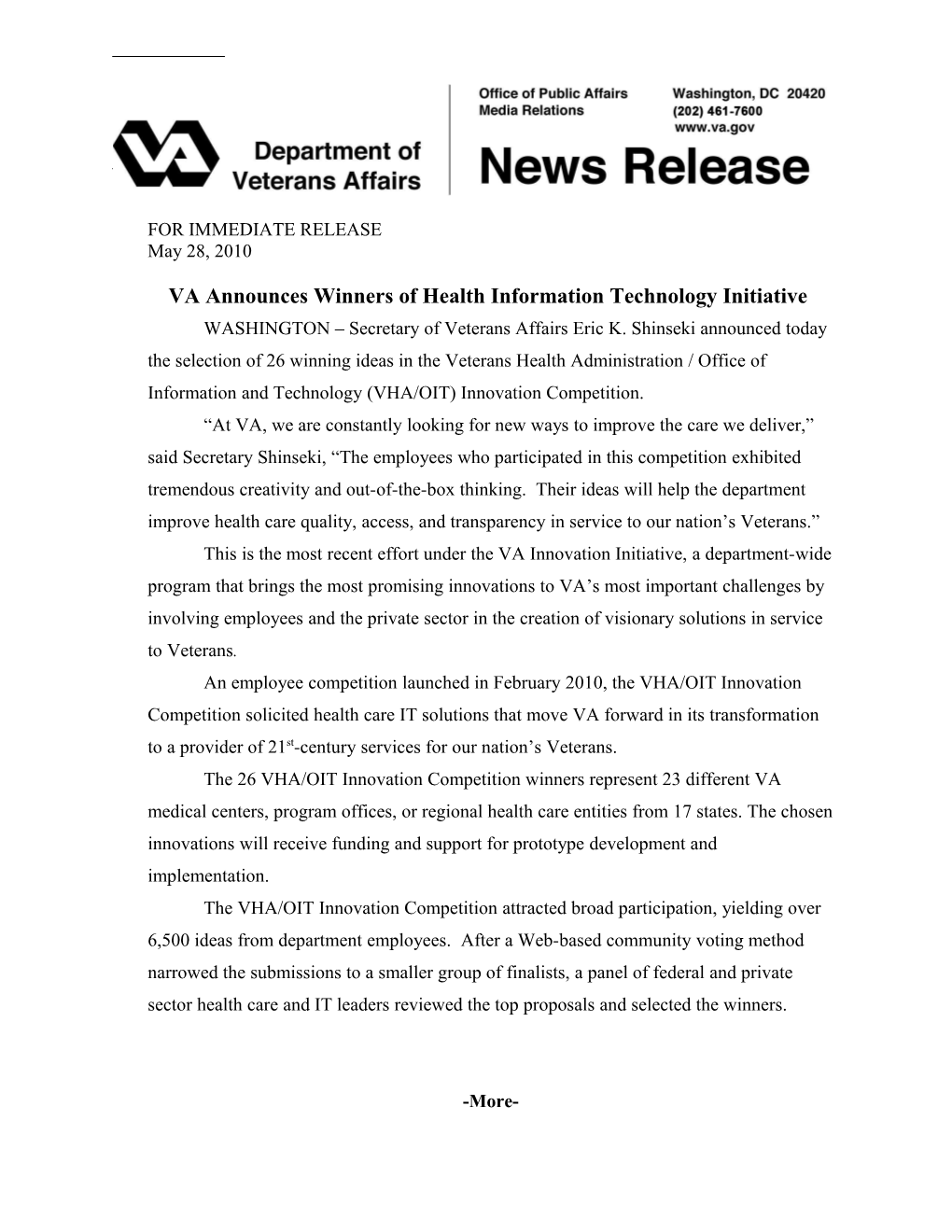 VA Announces Winners of Health Information Technology Initiative