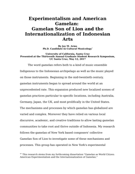 Experimentalism and American Gamelan: Gamelan Son of Lion and the Internationalization of Indonesian Arts