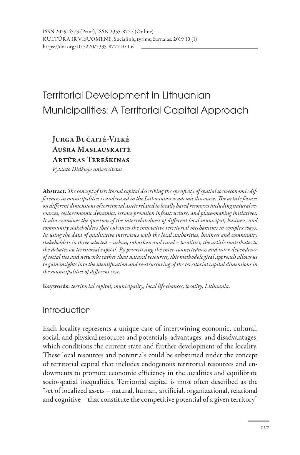 Territorial Development in Lithuanian Municipalities: a Territorial Capital Approach