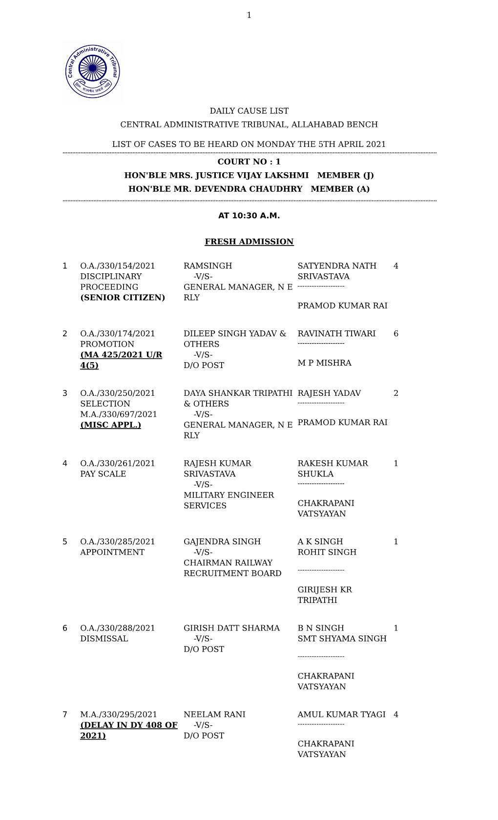 Daily Cause List Central Administrative Tribunal, Allahabad Bench List of Cases to Be Heard on Monday the 5Th April 2021 Court N