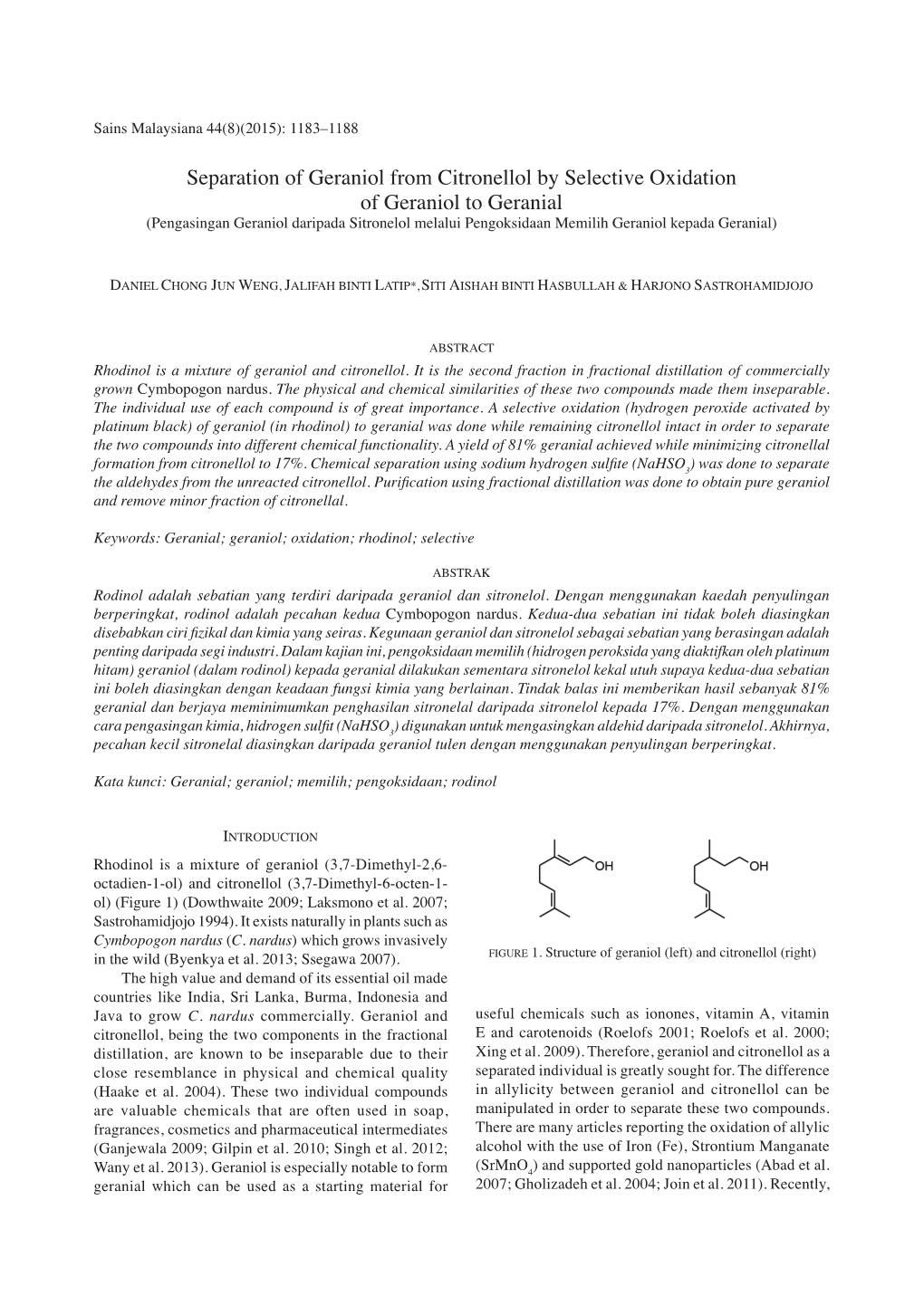 Separation of Geraniol from Citronellol by Selective Oxidation Of