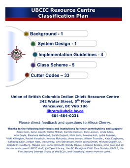UBCIC Resource Centre Classification Plan