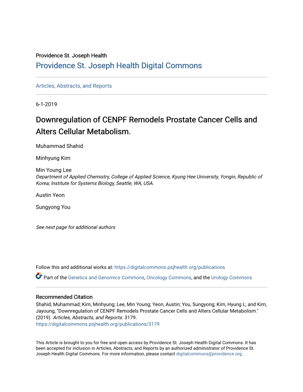 Downregulation of CENPF Remodels Prostate Cancer Cells and Alters Cellular Metabolism