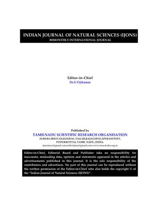 Indian Journal of Natural Sciences (Ijons) Bimonthly International Journal