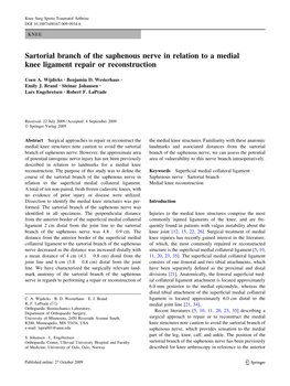 Sartorial Branch of the Saphenous Nerve in Relation to a Medial Knee Ligament Repair Or Reconstruction