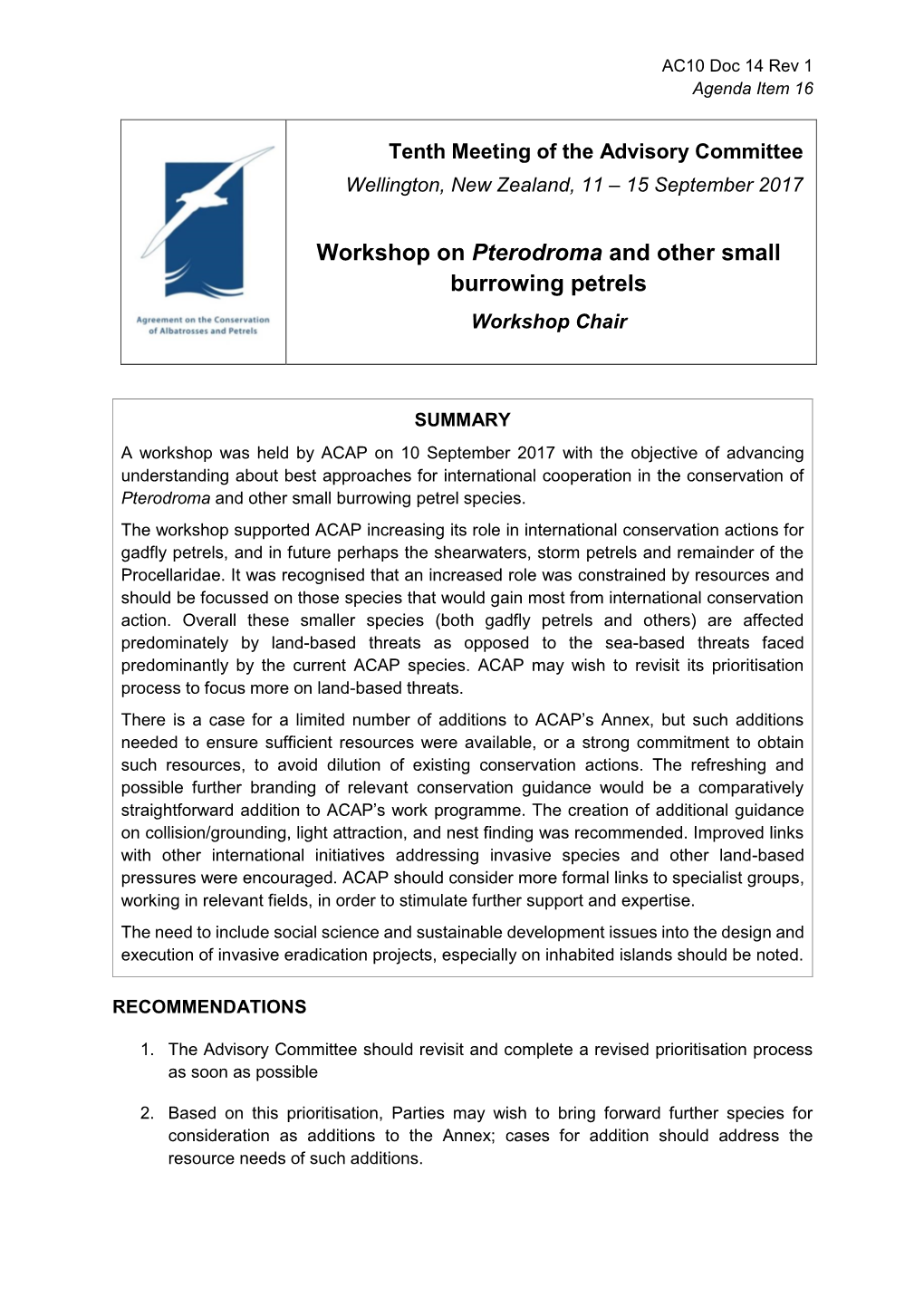 Workshop on Pterodroma and Other Small Burrowing Petrels Workshop Chair