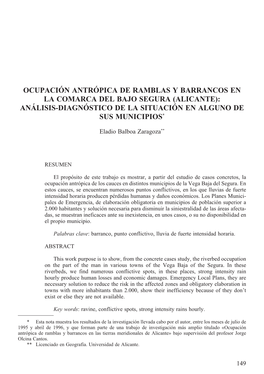 Ocupación Antrópica De Ramblas Y Barrancos En La Comarca Del Bajo Segura (Alicante): Análisis-Diagnóstico De La Situación En Alguno De Sus Municipios*