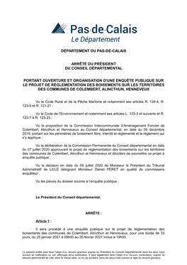Département Du Pas-De-Calais Arrêté Du Président Du Conseil Départemental Portant Ouverture Et Organisation D'une Enquête