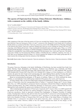 The Species of Clupisoma from Yunnan, China (Teleostei: Siluriformes: Ailiidae), with a Comment on the Validity of the Family Ailiidae
