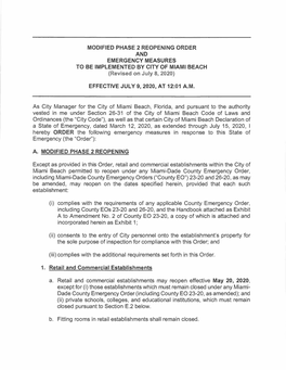 MODIFIED PHASE 2 REOPENING ORDER and EMERGENCY MEASURES to BE IMPLEMENTED by CITY of MIAMI BEACH (Revised on July 8, 2020)