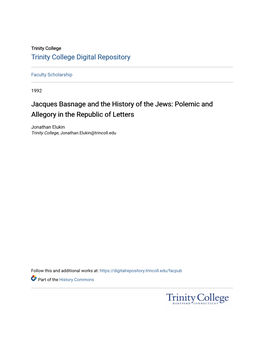 Jacques Basnage and the History of the Jews: Polemic and Allegory in the Republic of Letters