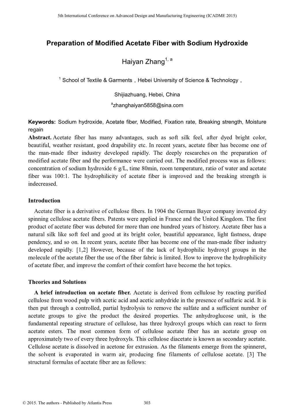 Preparation of Modified Acetate Fiber with Sodium Hydroxide Haiyan Zhang