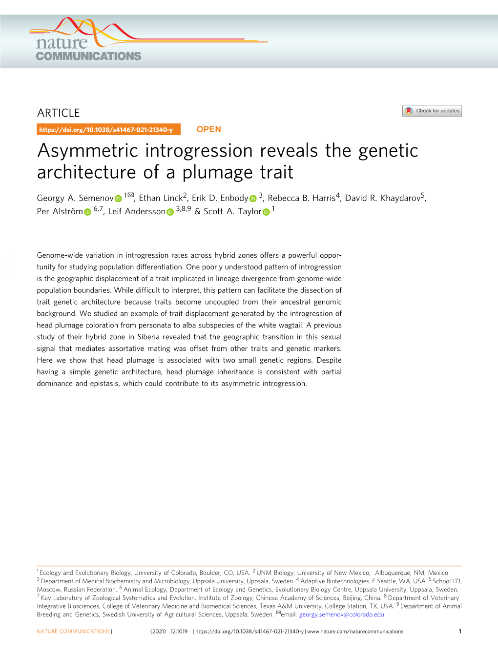 Asymmetric Introgression Reveals the Genetic Architecture of a Plumage Trait ✉ Georgy A