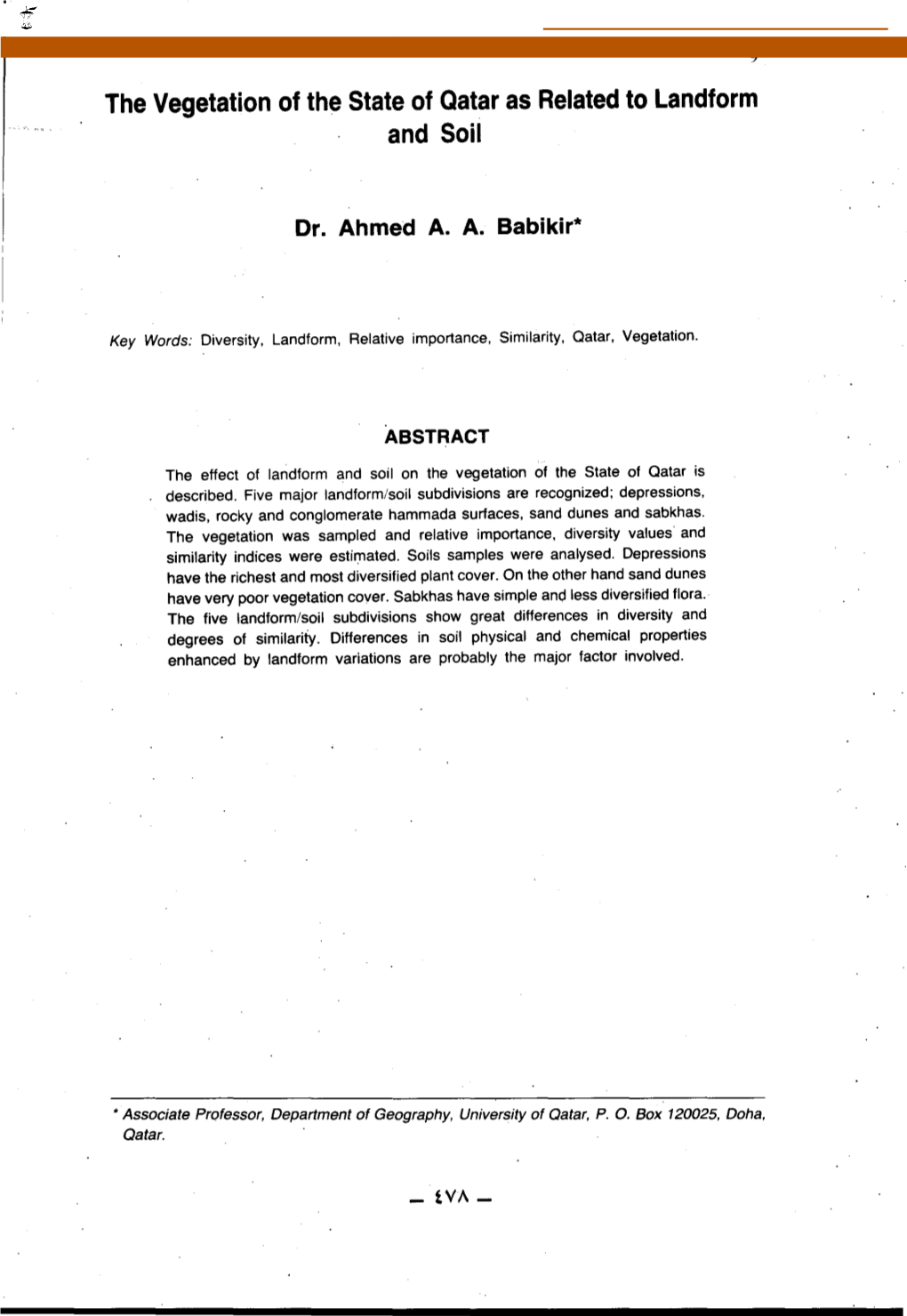 The Vegetation of the State of Qatar As Related to Landform and Soil