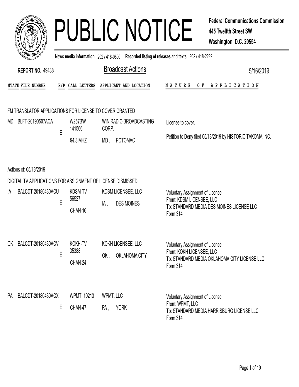 Broadcast Actions 5/16/2019