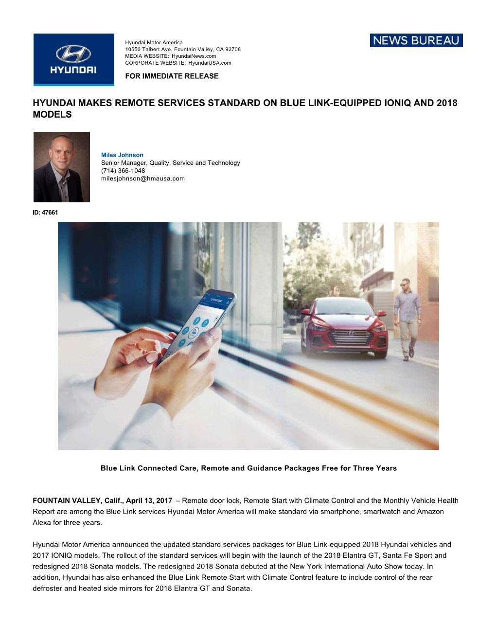 Hyundai Makes Remote Services Standard on Blue Link­Equipped Ioniq and 2018 Models
