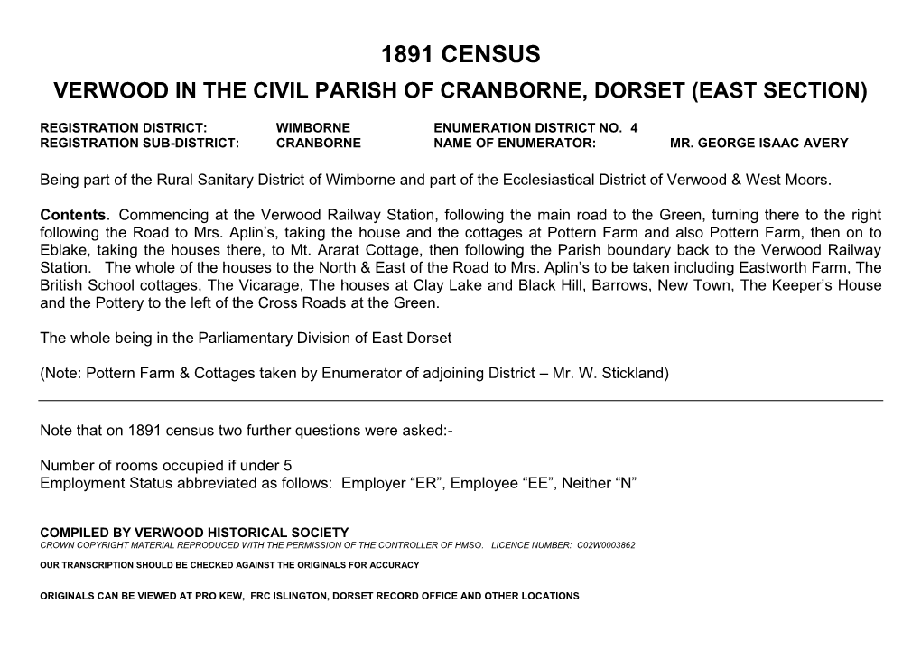 1891 Census Verwood in the Civil Parish of Cranborne, Dorset (East Section)