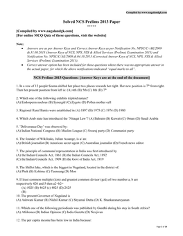 Solved NCS Prelims 2013 Paper ***** [Compiled by [For Online MCQ Quiz of These Questions, Visit the Website]