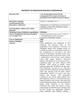 University of Maiduguri Research Compendium
