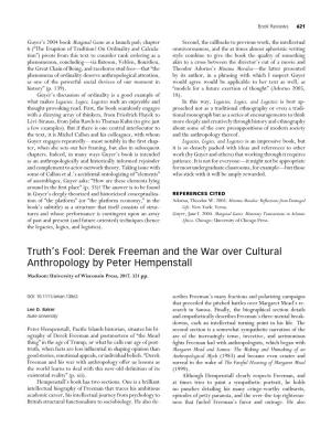Derek Freeman and the War Over Cultural Anthropology By&#X000a0