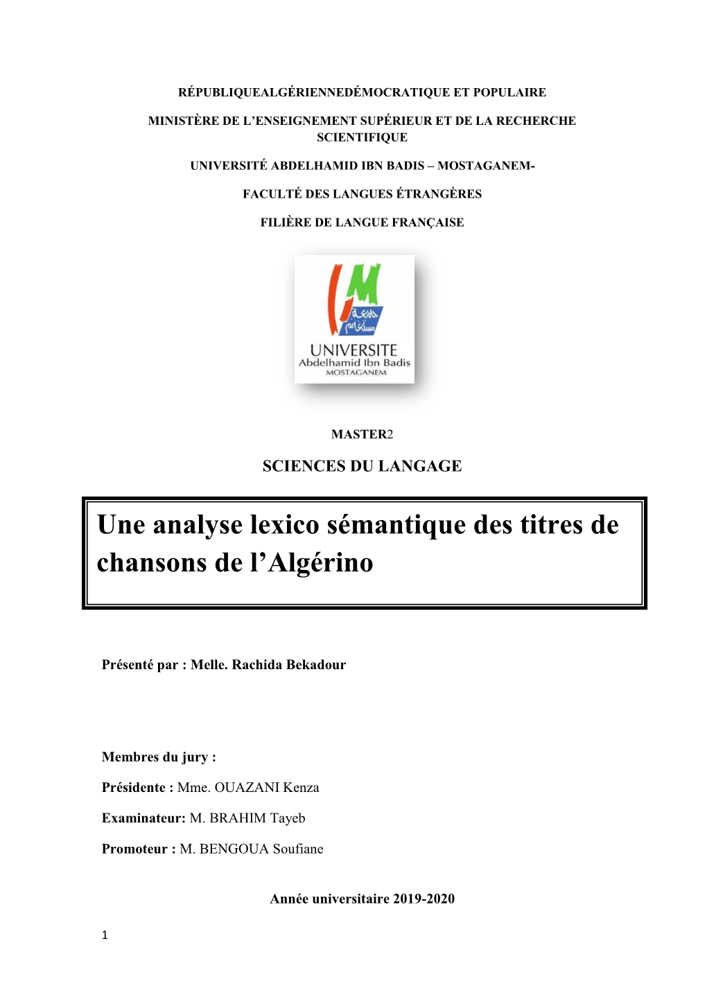 Une Analyse Lexico Sémantique Des Titres De Chansons De L'algérino