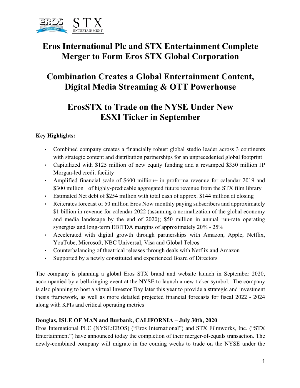 Eros International Plc and STX Entertainment Complete Merger to Form Eros STX Global Corporation