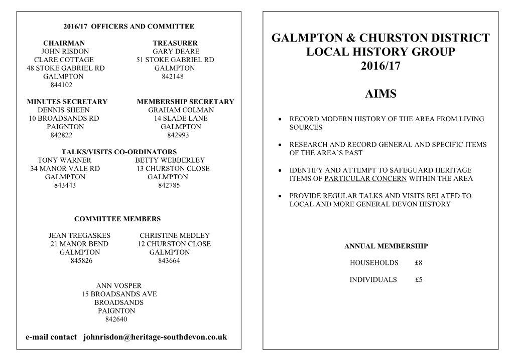 Galmpton & Churston District Local History Group 2016/17