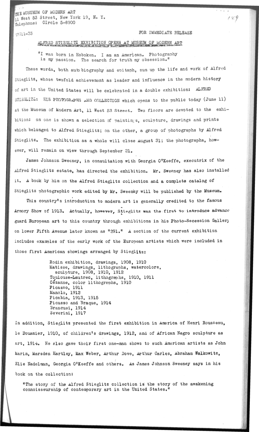 Jgs MUSUEUM of MODERN ART N West 53 Street, New York 19, N. Y. Telephone: Circle 5-8900 F