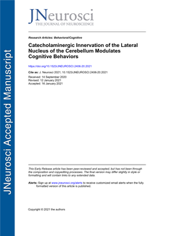 Catecholaminergic Innervation of the Lateral Nucleus of the Cerebellum Modulates Cognitive Behaviors